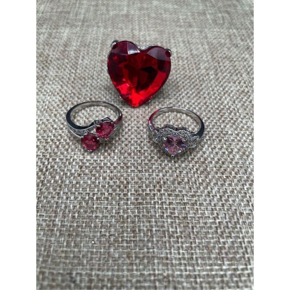 Bundle of 3 Heart Stone Rings Valentines Theme Pink and Red with Rhinestone Cute